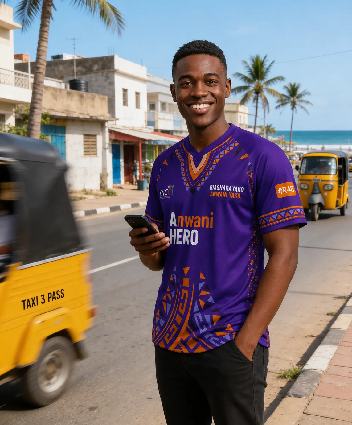 An Anwani Hero in branded jersey on a Mombasa street